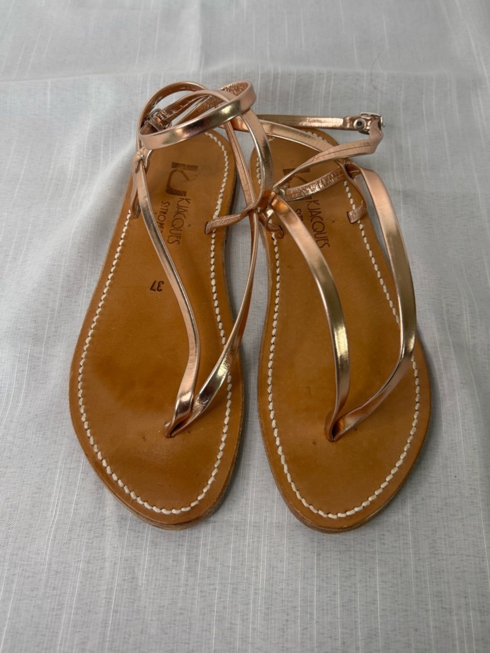 K.Jacques Rose Gold Metallic Leather T Sandals Size 37/6.5